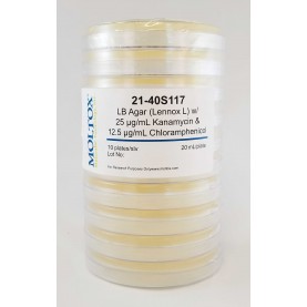21-40S117, LB Agar w/Kan& Chloramphenicol, Plated Agar, 20 ml/plate, Culture Media, Moltox