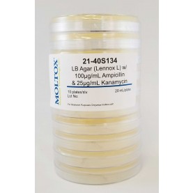 21-40S134, LB Agar w/Amp. & Kan., Plated Agar, 20 ml/plate, Culture Media, Moltox