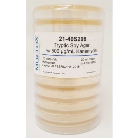 21-40S298, Tryptic Soy Agar, w/0.5 mg Kan, Plated Agar, 20 ml/plate, Culture Media, Moltox
