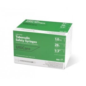 UltiMed, Inc. 63002 Safety Syringe, Fixed Needle, Tuberculin, 1mL, 28G x ½", 100/bx