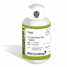 Claritas PPT Grade Gold for ICP-MS, 1 ug/mL (1 PPM), 125 mL, in 1% HNO3/3% HCl, SPEX Certiprep, CLAU6-1BY