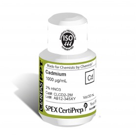 Claritas PPT Grade Cadmium for ICP-MS, 1,000 ug/mL (1,000 PPM), 30 mL, in 2% HNO3, SPEX Certiprep, CLCD2-2M