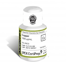 Claritas PPT Grade Copper for ICP-MS, 1,000 ug/mL (1,000 PPM), 30 mL, in 2% HNO3, SPEX Certiprep, CLCU2-2M