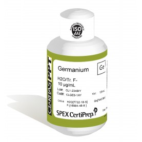 Claritas PPT Grade Germanium for ICP-MS, 10 ug/mL (10 PPM), 125 mL, in H2O/Tr. F-, SPEX Certiprep, CLGE9-1AY