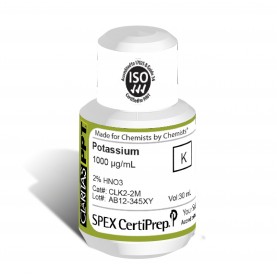 Claritas PPT Grade Potassium for ICP-MS, 1,000 ug/mL (1,000 PPM), 30 mL, in 2% HNO3, SPEX Certiprep, CLK2-2M