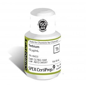 Claritas PPT Grade Terbium for ICP-MS, 10 ug/mL (10 PPM), 30 mL, in 2% HNO3, SPEX Certiprep, CLTB2-1AM