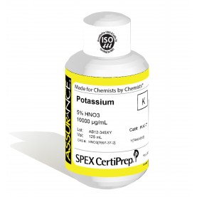 Assurance Grade Potassium for AA and ICP, 10,000 ug/mL (10,000 PPM), 125 mL, in 5% HNO3, SPEX Certiprep, PLK2-3Y