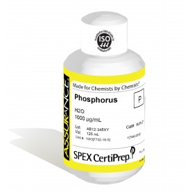 Assurance Grade Phosphorus for AA and ICP, 1,000 ug/mL (1,000 PPM), 125 mL, in H2O, SPEX Certiprep, PLP9-2Y