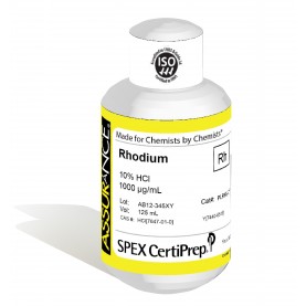 Assurance Grade Rhodium for AA and ICP, 1,000 ug/mL (1,000 PPM), 125 mL, in 10% HCl, SPEX Certiprep, PLRH3-2Y