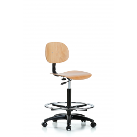 WHBCH-RG-CF ECom Wood Office Chair for High Bench Height, Chrome Foot Ring, Casters, No Seat Tilt, No Arms