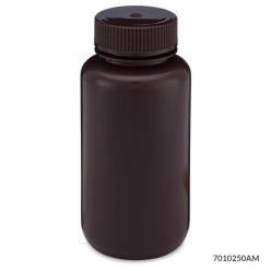 Globe Scientific 7010250AM Bottle, Wide Mouth, HDPE Bottle, Attached PP Screw Cap, Amber, 250mL, 12/Pack