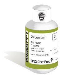 Claritas PPT Grade Zirconium for ICP-MS, 1 ug/mL (1 PPM), 125 mL, in 2% HNO3, SPEX Certiprep, CLZR2-1BY
