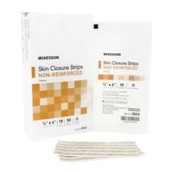 McKesson Non-Reinforced Skin Closure Strip, 1/4 x 4 In, Tan, Nonwoven Material, Flexible, Sterile, Latex-Free, 50 Count, #3003
