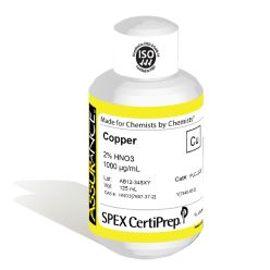 Assurance Grade Copper for AA and ICP, 1,000 ug/mL (1,000 PPM), 125 mL, in 2% HNO3, SPEX Certiprep, PLCU2-2Y